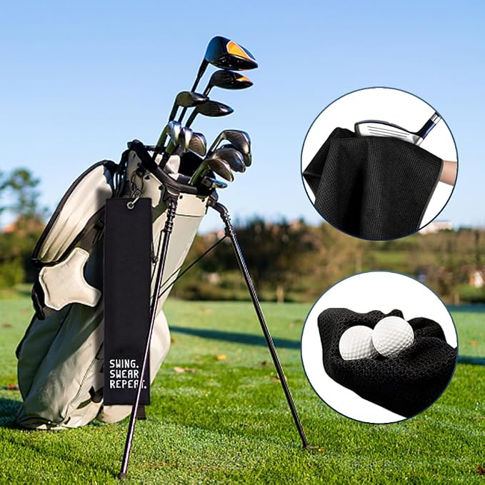 Swing Swear Repeat Embroidered Golf Towel, Funny Towels for Golf Bags with Clip, Golf Accessories for Men Women, Birthday Retirement Gifts for Grandpa Dad Golfer, Golfing Gifts for Grandpa Bro