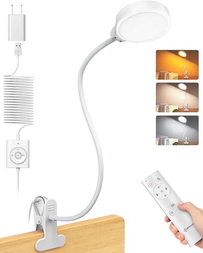 Glocusent 5W 36 LED Reading Clip on Light for Bed, Eye Caring Bed Lamp, 3 Colors & 5 Brightness Levels for Headboard with Adapter, Perfect for Reading, Working & Studying (White with Remote)