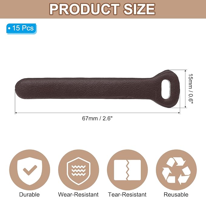 PATIKIL 15Pcs Leather Zipper Pull, 2.6" Replacement Zipper Puller Extender Backpack Luggage Sliders for Handbags Suitcases Bags Wallets Jackets Coats Pull Tabs, Dark Brown