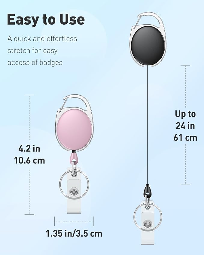 Uniclife 3 Pack Retractable Badge Reel for Badge Holder Pink Blue Black Heavy Duty Retractable Keychain ABS Casing with Stainless Steel Spring Coil 24 Inch Nylon Rope Carabiner Clip and Key Ring