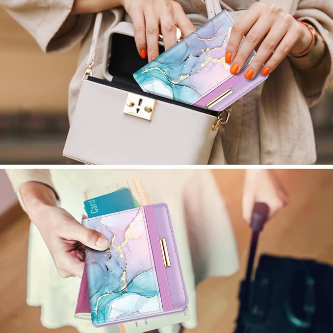 Coco Rossi Passport Holder Cover, RFID Travel Wallet Women Card Holder | Travel Essentials, Passport Book Holders, Passport Cover Case, PU Leather, Cute, Thin, Spliced Design, Gradient Marble