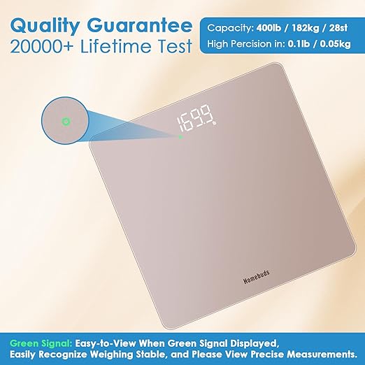 Homebuds Smart Scale for Body Weight, Precision 0.1lb by Our Professional Factory Since 2001, Digital Weight Scale Step-On and Bright LED, App Sync with Weights and BMI, 400lb/182kg, Rose Gold