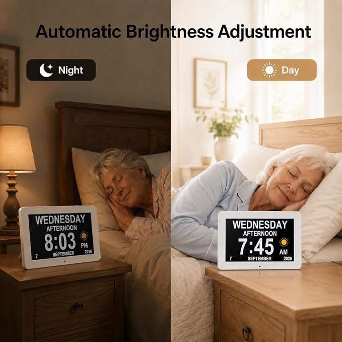 JALL 10" Large Digital Calendar Day Clock for Seniors 2026 - Easy to Read Alzheimer's Dementia Memory Loss Clock for Elderly with IPS Wide Angle，Day & Date, 12 Custom Alarms & Auto-Dimming, White