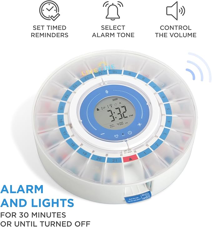 LiveFine Smart Pill Dispenser, WiFi App, Removable Cups, 21-Day, Frosted | Dual AC/battery power, 14-day activity history, push notifications - for caregivers monitoring seniors remotely.