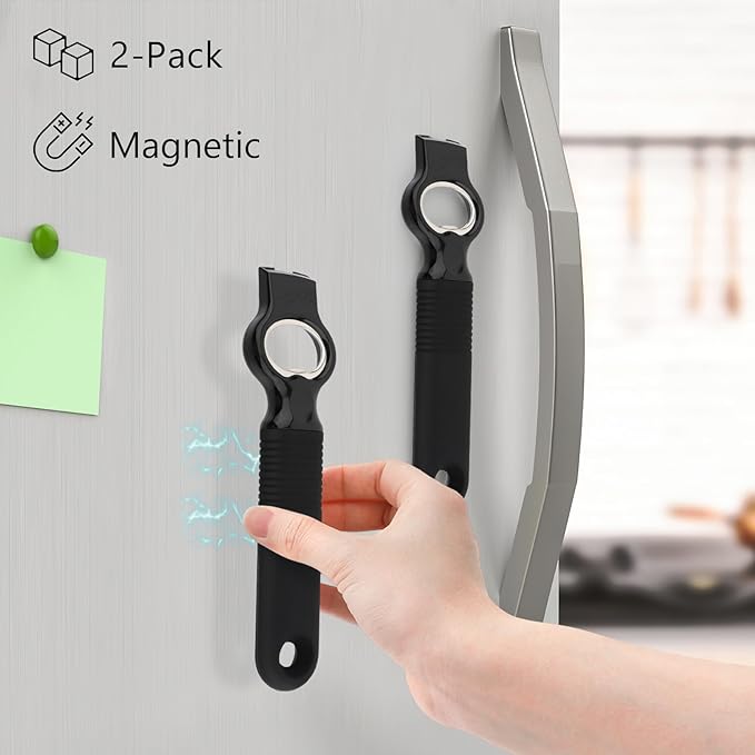 2-Pack Magnetic Beer Bottle Opener & Soda Can Opener, 2-in-1 Bottle Opener and Can Tab Opener Tool for Bartender, Long Nails, Arthritis, Seniors, Silicone Handle with Build in Magnet - Black