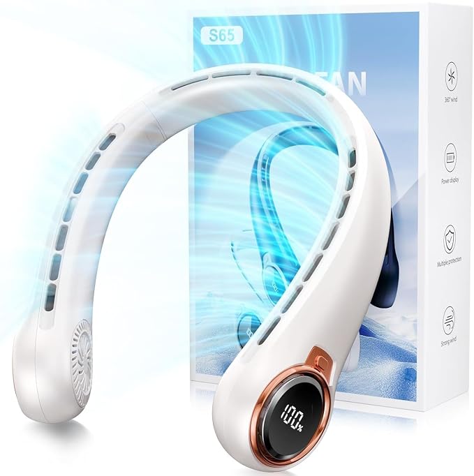 Portable Neck Fan with 6000mAh USB - Rechargeable Battery, Ultra-Light Bladeless Neck Fan LED Display, 360° Cooling Wearable Fan, 3 Speeds