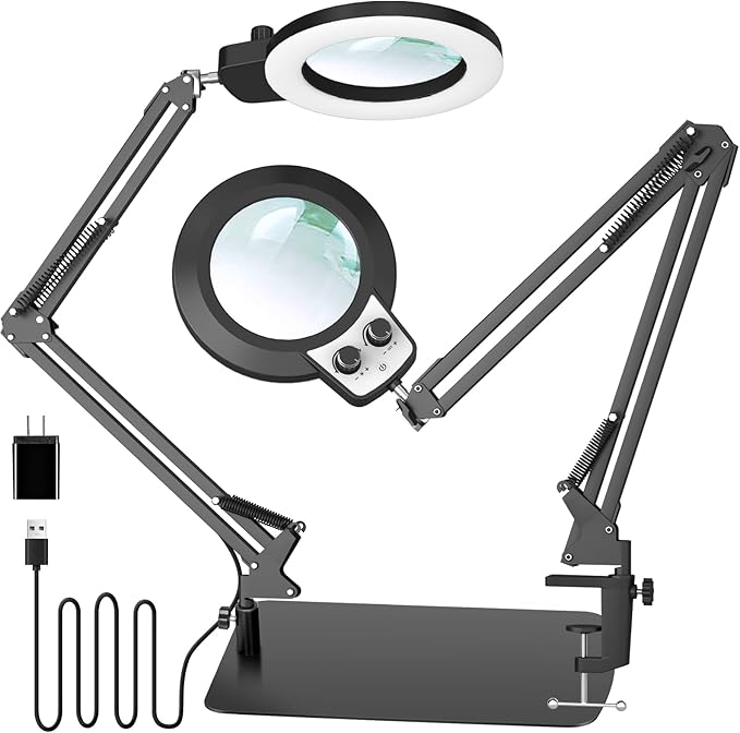 KIRKAS 12X Magnifying Glass with Light and Stand, 2-in-1 Any Color Modes & Stepless Brightness Magnifying Desk Lamp with Clamp, LED Magnifier with Light for Crafts Jewelry Painting Sewing Close Work