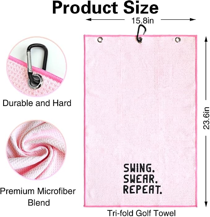 Swing Swear Repeat Embroidered Pink Golf Towel, Funny Towels for Golf Bags with Clip, Mother Day Retirement Birthday Gifts for Grandma Mom Sister Aunt Golfer Sport Lover, Ladies Golf Towel
