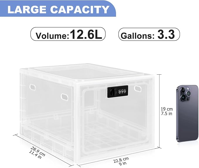 Medicine Lock Box with Code, Medium Size Clear Lock Box for Medication, Large Capacity Lockable Bin for Snacks, Phone, Tablet, Ideal for Fridge, Office, Dorm, Home