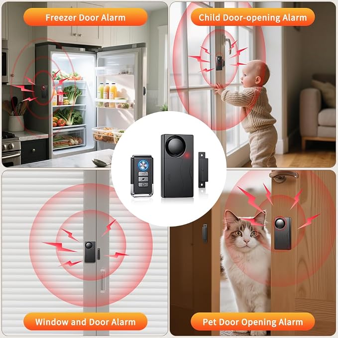 WSDCAM Door Alarm When Door Opens, Wireless 110dB Anti-Theft with Remote, Door Bells Chimes, Magnetic Security Alarms for Door, Window, Cabinet, Pool Safety for Kids, Alzheimer's Care (Black, 2 Pack)