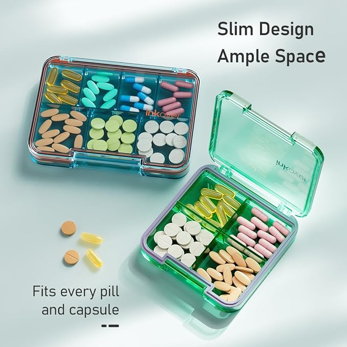 Slim Compact Pill Organizer, Pocket 4-Compartment Travel Case (Blue) | Slim compact pill case fits pocket or purse. 4 adjustable compartments for pills. Ideal daily travel. Lightweight. Blue.