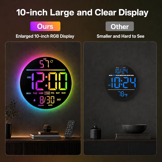 JALL 10" Large Digital Wall Clock with Remote, RGB Color, Big LED Display, Alarm Countdown Timer, DST, Temperature, Decor for Bedroom Living Room Gym Gaming Room, Easy to Read Clock for Seniors