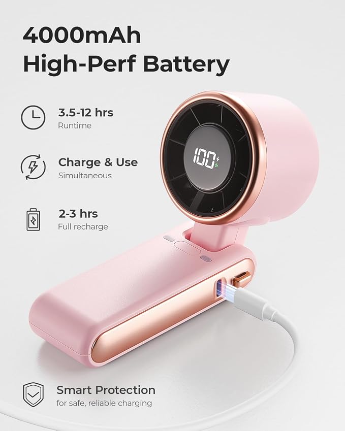 Portable Handheld Turbo Fan - 5 Gear High Speed 4000mAh Rechargeable Mini Personal Hand Fan Blow Cold Air, Battery Operated Travel Essentials, Beach Vacation, Gifts for Women, Men (Pink)