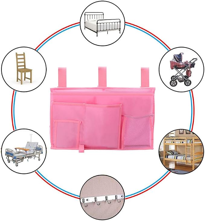Bunk Bed Organizer - Bedside Storage Caddy with Pocket, Hanging Organizer for Camp, Dorm, Room, Hospital Bed Rail and More (Pink)