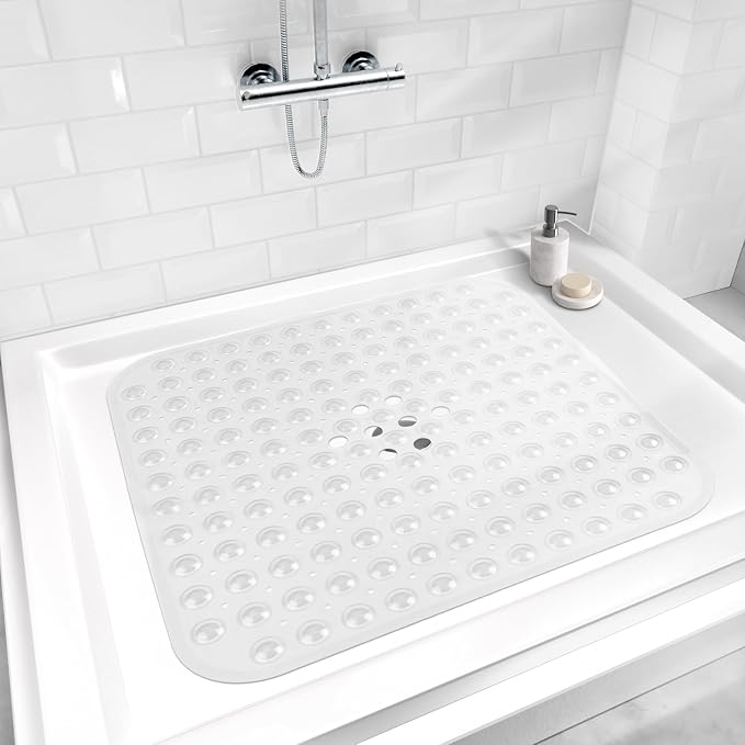 AmazerBath Shower Mat Non Slip 21 x 21 Inches, Square Shower Mat with Suction Cups and Drain Holes, Shower Stall Mat Machine Washable (Clear)