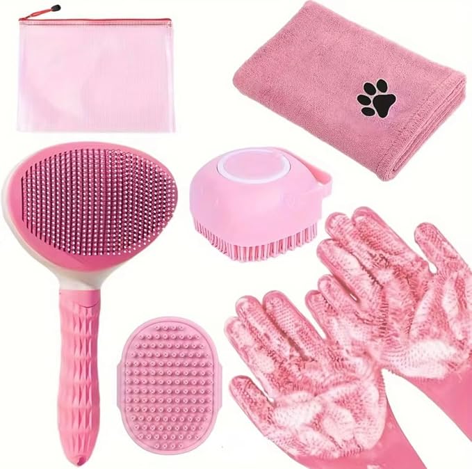 6-Piece Dog and Cat Grooming Kit - Self Cleaning Slicker Brush, Deshedding Brush, Bath Brush with Soap Dispenser, Grooming Bath Gloves, Microfiber Towel and Storage Pouch (Pink)
