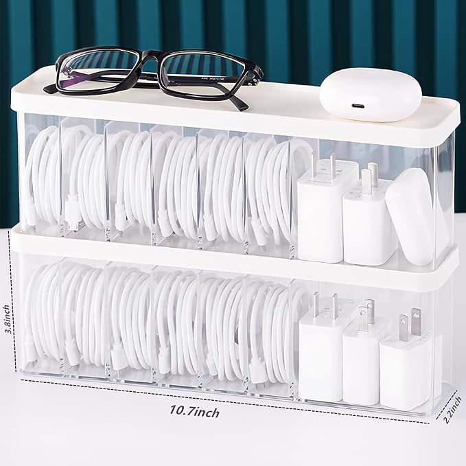 Charger Cable Cord Storage Organizer Box - Easy Storage Without Cable Ties - 2 Pack With Lid