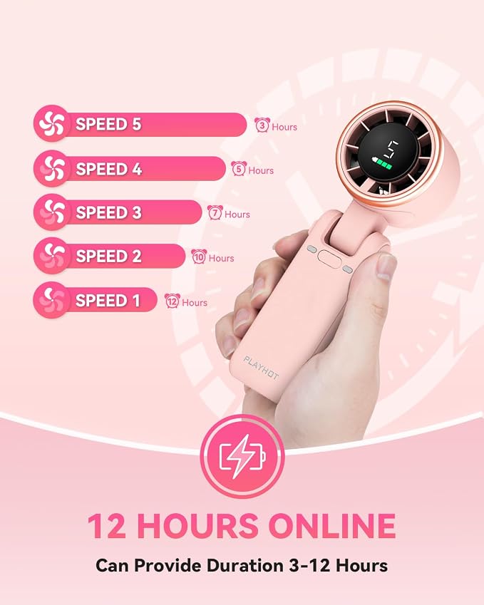 PlayHot Portable Handheld Turbo Fan, Travel Essentials, Gifts for Women/Men | 5-Speed, Up to 12H, 10m/s Airflow, USB-C Rechargeable, LED Display, 3-in-1 Foldable Personal Fan for Cruise, Beach, Vacation