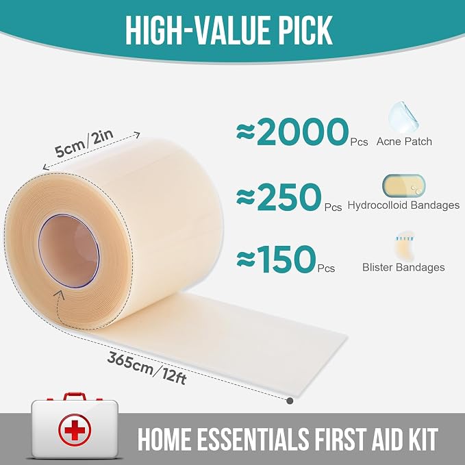 Hydrocolloid Roll for Wound Care, Hydrocolloid Patch Bandages with Self-Adhesive, Bed Sore Bandages, Highly Absorbent & Waterproof for Burn, Blister, Acne Care, First Aid Kit Essential (2in x 12ft)