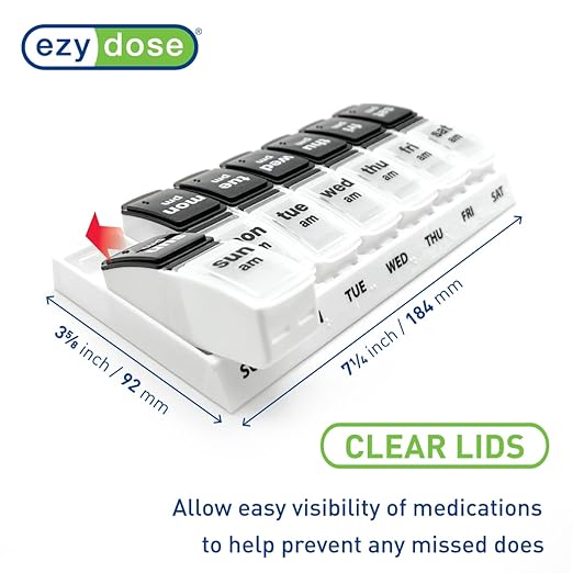 EZY DOSE Weekly (7-Day) Daily AM/PM Pill Case, Medicine Planner, Vitamin Organizer, Supplement Container, Large Pop-Out Compartments, Designed for Travel 2 Times a Day, Black and White Lids