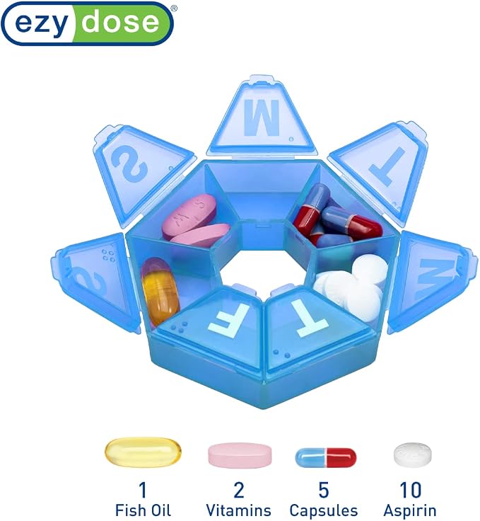 EZY DOSE Weekly Pill Organizer and Planner, Travel Pill Planner, 7-Sided, Blue (67009BLAMT) (Pack of 2)