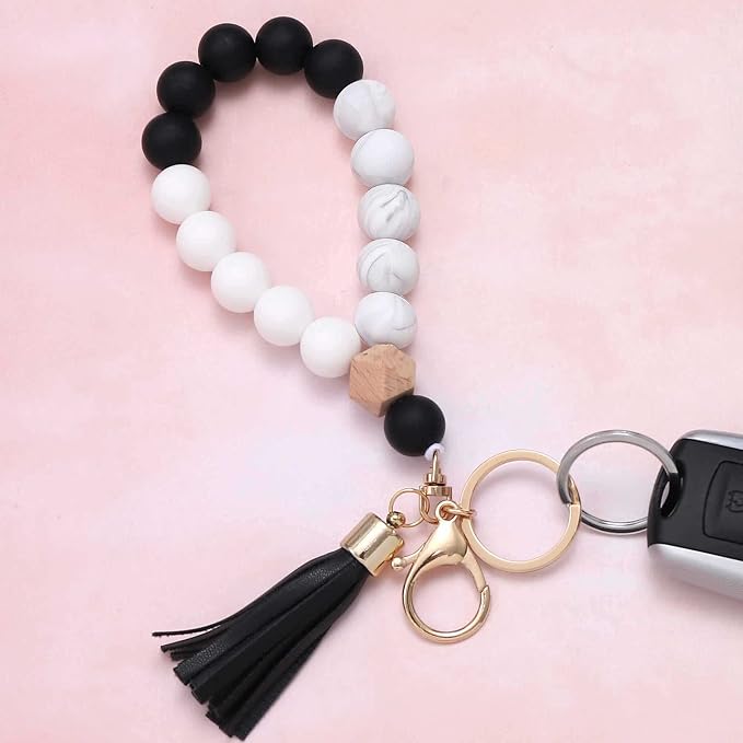 BAOSIWA Silicone Key Ring Bracelet Wristlet Keychain Unique Beaded Bangle Key Chains for Women with Leather Tassel