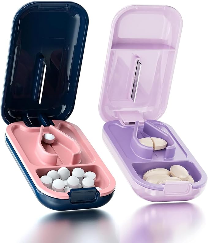 DUBSTAR Small Pill Cutter, Pill Cutter Splitter for Small and Tiny Pills, Portable Pretty Pill Cutters for Large Pills, Cuts Vitamins Tablets for Purse Pocket (2 PCS Pill Cutters, Blue+Purple)