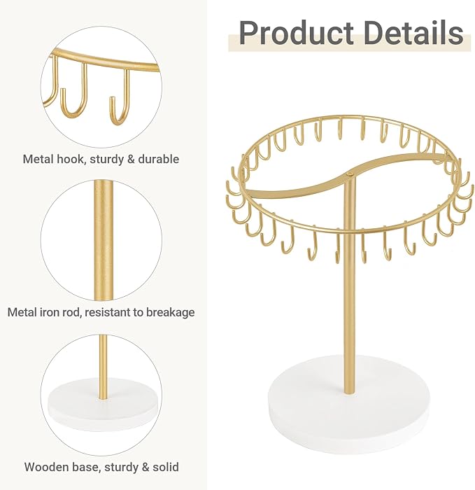 Dahey Keychain Holder Display Stand for Vendor, 30 Hooks Organizer for Desk | Space-Saving, Versatile Storage Keychain Bracelets Bag Charms, Sturdy Wood, Easy Assembly, for Study Entryway Decor, Gold