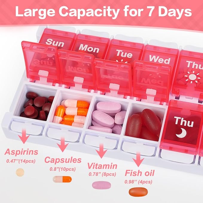 Shintop Weekly Pill Organizer 2 Times, Pink Pill Box Push Button Daily Vitamin Case Easy Fill Morning Night Medicine Organizer for Fish Oil Supplements