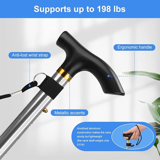 supregear Folding Cane, 5-Level Adjustable Height Walking Stick Lightweight Collapsible Portable Travel Cane with Wrist Strap and T Handle for Elderly Disabled Men Women