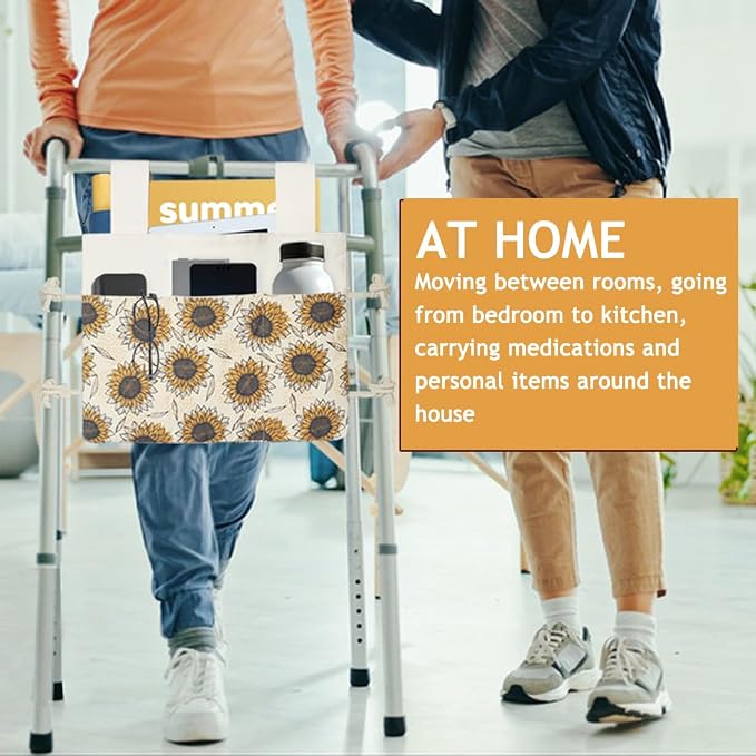 Walker Bag, Washable Walker Accessories Storage Bags with Cup Holder, Handy Walker Basket Pouch Tote Bag for Folding Walker, Wheelchairs, Strollers (Yellow Sunflower)