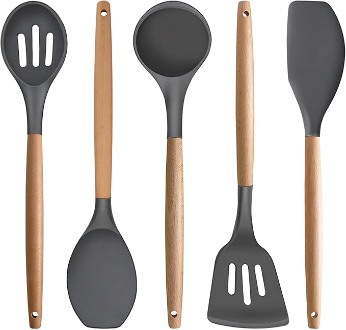 Silicone Cooking Utensils Set 5-Piece Non-Stick Kitchen Utensil Set, Wood Handle Heat Resistant Spatula Spoon Turner Soup Ladle Silicone Cooking Kitchen Gadgets BPA Free for Nonstick Cookware