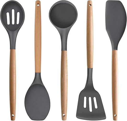 Silicone Cooking Utensils Set 5-Piece Non-Stick Kitchen Utensil Set, Wood Handle Heat Resistant Spatula Spoon Turner Soup Ladle Silicone Cooking Kitchen Gadgets BPA Free for Nonstick Cookware
