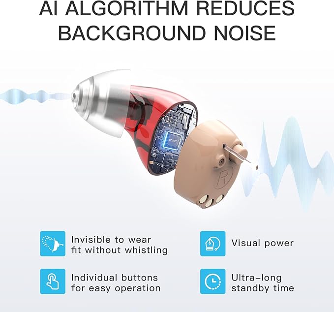 Hearing Aids for Seniors with Hearing loss, Rechargeable Hearing Aid Into Ear with Noise Cancellation, Digital Comfort Fit Hearing Devices with Superior Sound Quality, Volume Control & Ultra Invisible
