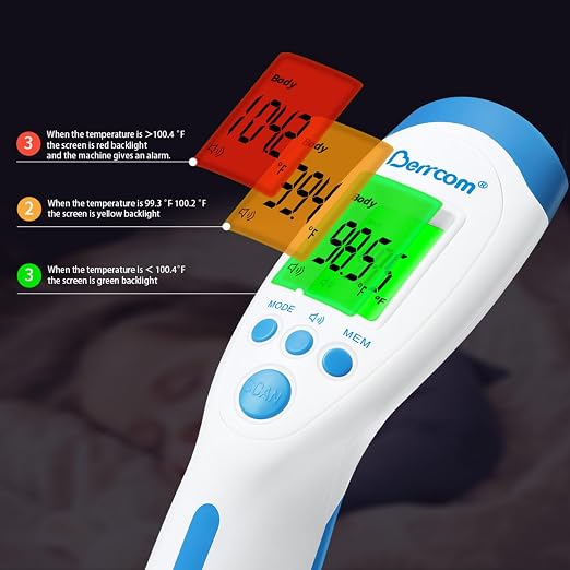 Berrcom Non-Contact Infrared Forehead Thermometer for Adults and Kids | 3-in-1 digital LCD display, fever alert, contactless reader, fast & accurate, for home use