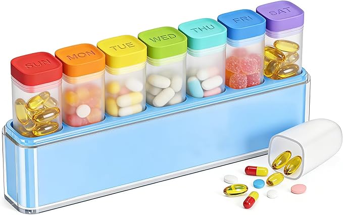 Weekly Pill Organizer 1 Time a Day, HIONXMGA Detachable Travel Pill Box 7 Day, Large Medicine Pill Case Container for Daily Medication Vitamin Supplement Fish Oil, Portable Week Pills Holder, Blue