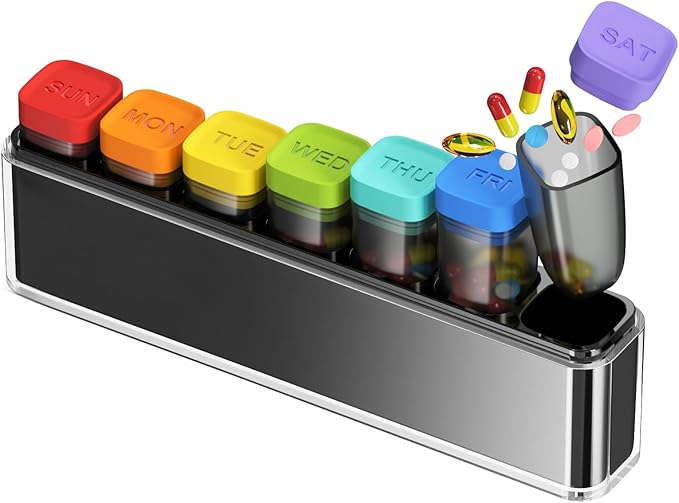Weekly Pill Organizer 1 Time a Day, HIONXMGA Portable Detachable Travel Pill Box 7 Day, Large Once Daily Pill Holder Case, Color-Coded Dispenser for Vitamin Medicine Supplement Fish Oil, Clear