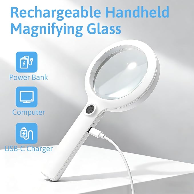 10X Large Magnifying Glass with Light, Upgraded 4.33" Handheld Illuminated Lighted Magnifier with 3 Light Modes for Seniors Reading, Coins, Jewelry, Close Work, Kids Nature Exploration(White)