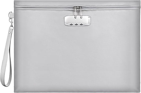 Fireproof Document Bag with Lock, ZOOPIP 14.3"x10.2" Fireproof and Waterproof Money Bag with Zipper Closure, Storage Pouch for A4 Letter Size Document, Cash, Cell Phone, Tablet,Passport-Gray