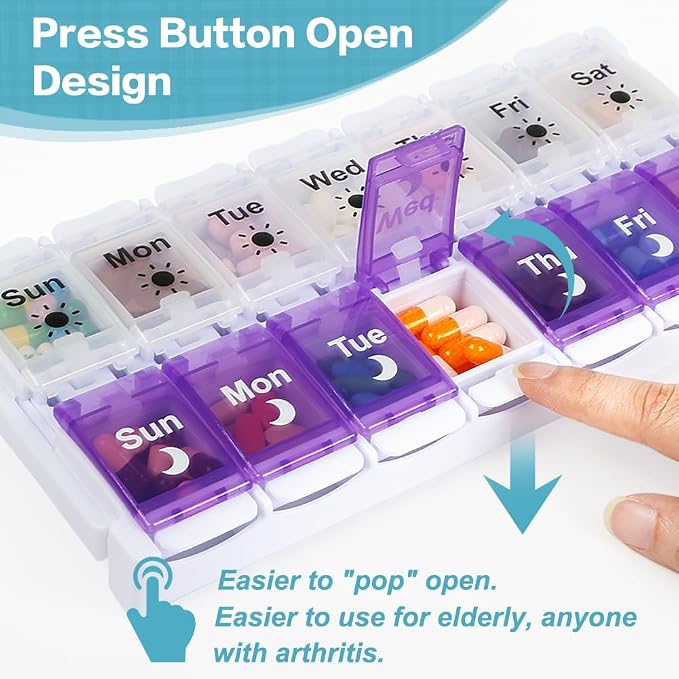 Shintop Am Pm Pill Organizer 7 Day, Weekly Pill Box 2 Times a Day | Easy-Open Push Button, Quick-Fill Top, 14 Large Compartments, BPA-Free PP, Silicone Hinges, Senior- and Arthritis-Friendly