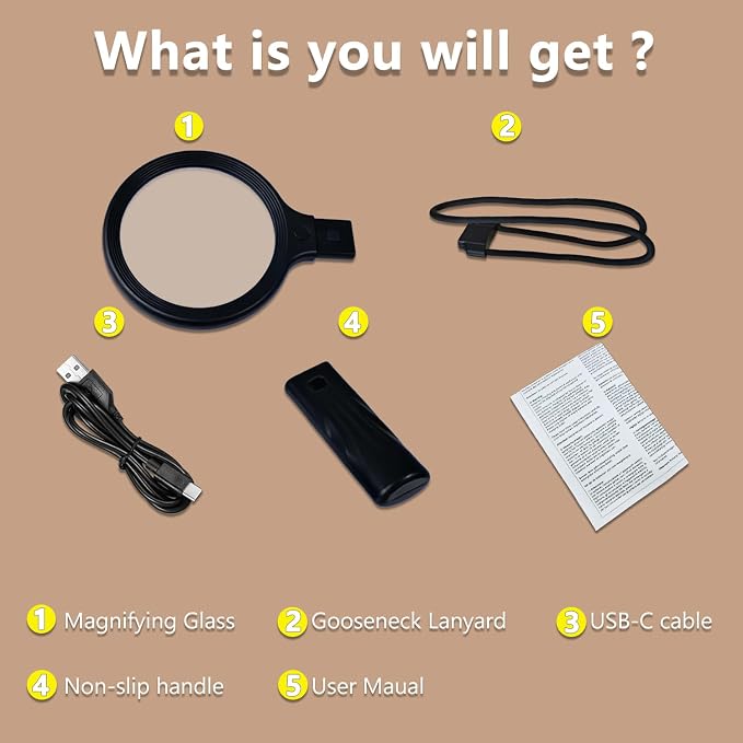 5X Hands-Free Neck Magnifying Glass with Light for Seniors | Rechargeable neck-worn design with 24 LEDs, 360° flexible gooseneck, magnifier for reading, cross stitch & close work