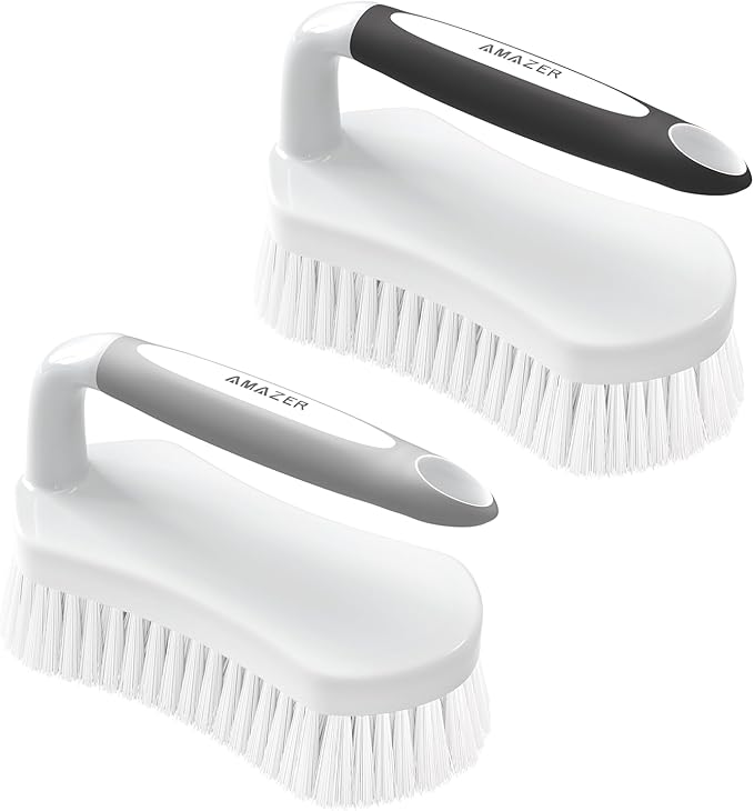 Scrub Brush for Cleaning Comfort Grip Bathtub Scrubber Stiff Bristles with Handle Heavy Duty Shower Cleaner Brush for Tub Carpet Floor Sink Outdoor - Pack of 2 (Black+Grey)