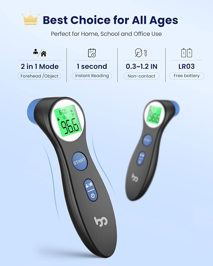 Forehead Thermometer for Adults and Kids, Digital Baby Thermometer | 1s Fast Accurate Reading, 3 Color Fever Alarm, Forehead & Object Mode, Non Contact, Battery Included