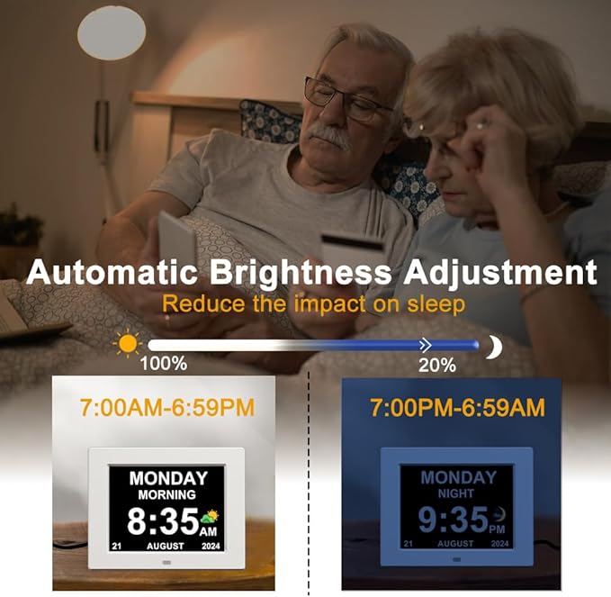 8‘’ Digital Calendar Day Clock, Gifts for People with Dementia Alzheimers, Large Display Alarms Clock for Seniors Electric Clocks with Date Day of Week 12 Alarms 4 Colors Auto DST/Dimmer