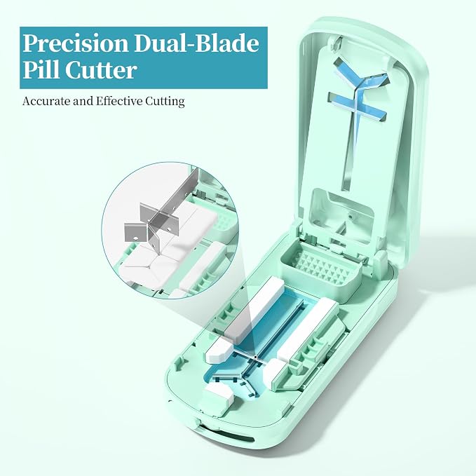 Daviky Pill Cutter Splitter for Small & Tiny Pills, Dual Safety Blades, Adjustable Centering Slot, Precise 1/2 1/3 1/4 Tablet Cutter, Built-in Storage, Portable & Senior-Friendly（Green）
