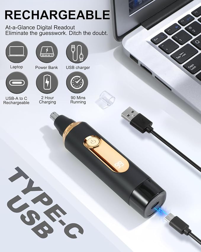 Nose Hair Trimmer for Men and Women,2026 Professional Painless IPX7 Waterproof Eyebrow & Facial Hair Trimmer,USB Rechargeable with LED Display Dual-Edge Blades for Smoother Cutting,BlackGold