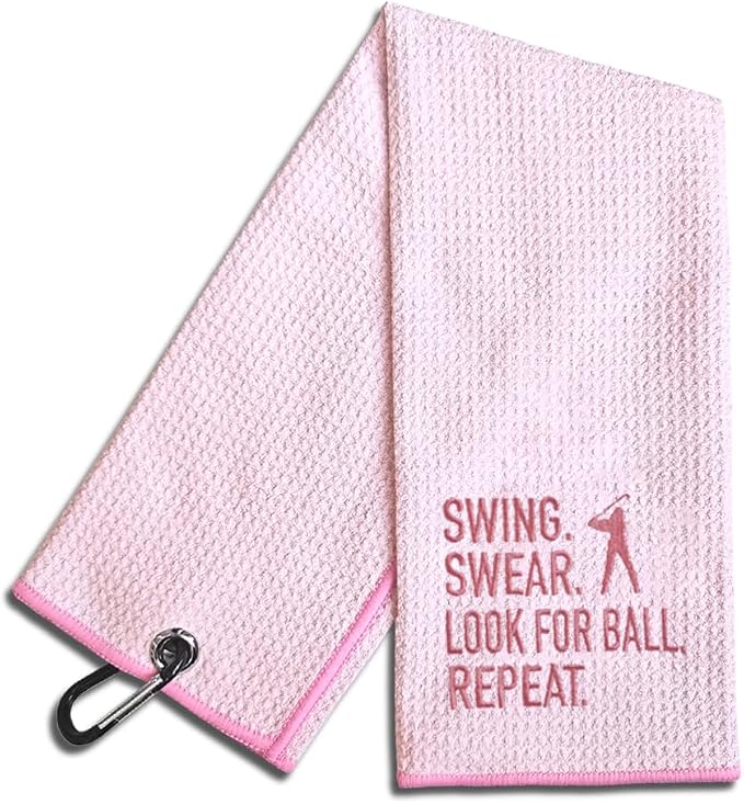 Swing Swear Look for Embroidered Pink Golf Towel, Funny Golf Towels for Bag with Clip, Birthday Retirement Gifts for Grandma Mom Sister Friend Aunt Golfer, Ladies Golf Towel