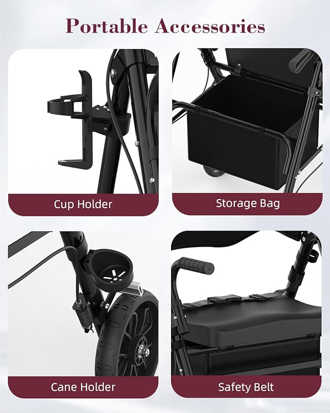 Walkers for Seniors with Seat, 2 in 1 Rollator Walker & Transport Chair with Reversible Backrest & Detachable Footrests, Folding Wheelchair with 8" Anti-Slip PU Wheels, Black