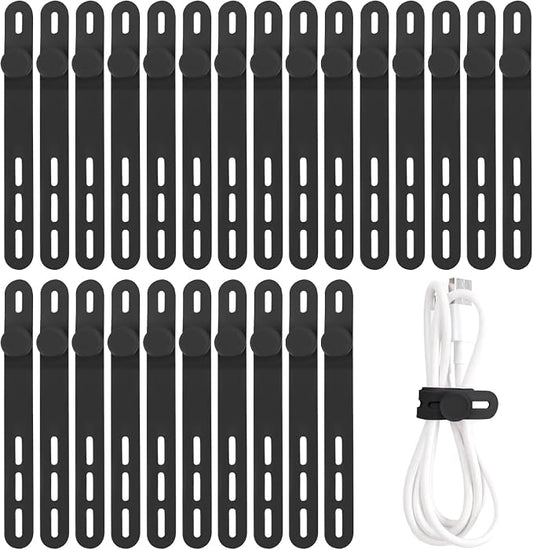 Oligei 25 Pcs Silicone Cable Ties, Cable Ties Reusable, High Elasticity Cord Wraps for Electrical Cords, Cord Organizer for Earphone, Phone Charger(Black)