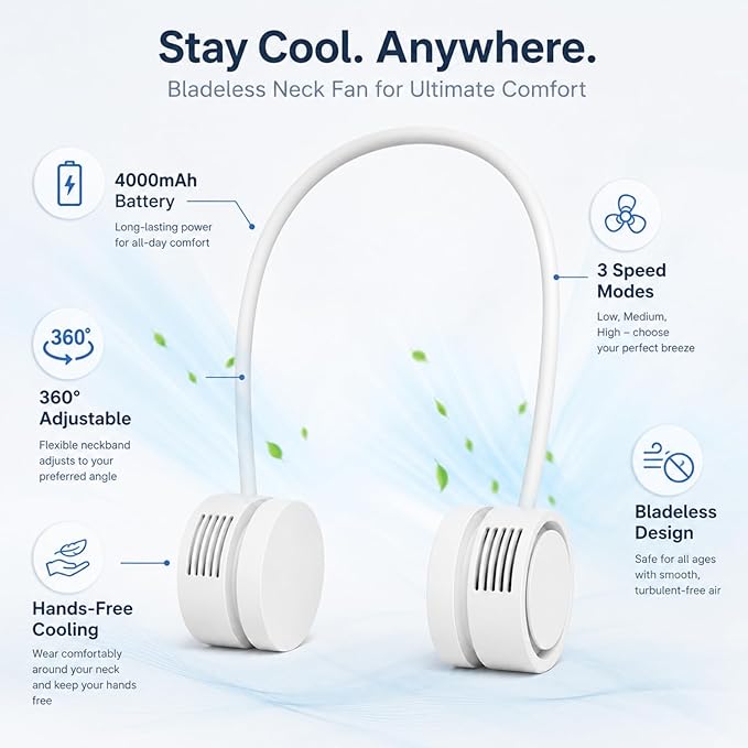 Neck Fan, Portable Bladeless Neck Fans, 4000mAh Foldable Rechargeable Bladeless Fan, 3 Speeds & Enhanced Cooling Power, Hands-Free USB Personal Fan for Men, Women, Outdoor, Travel, Ideal Gift(White)